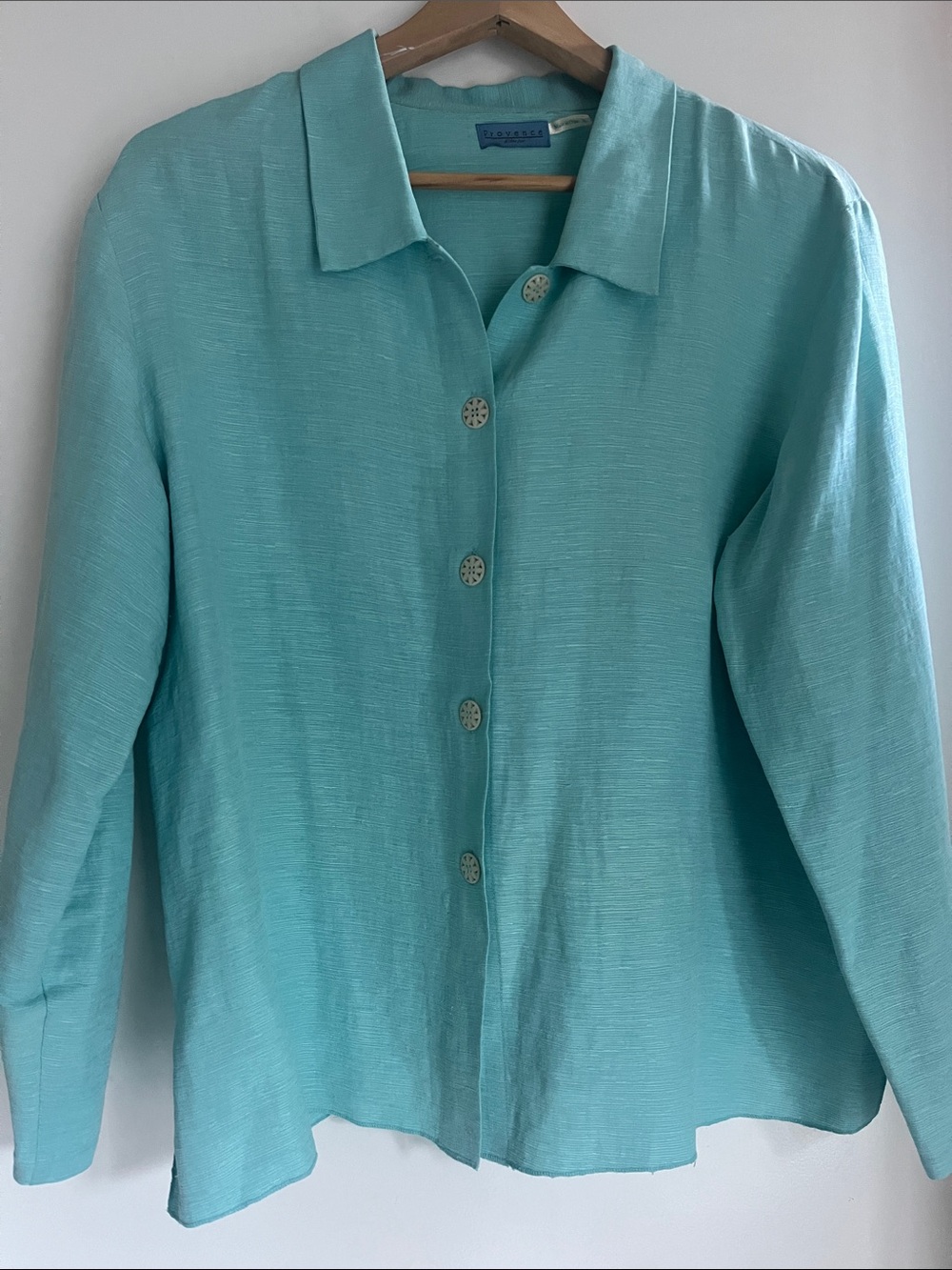 Provence d'Amour 70% Silk 30% Linen Aqua Button Front Blouse XL - Picture 2 of 8